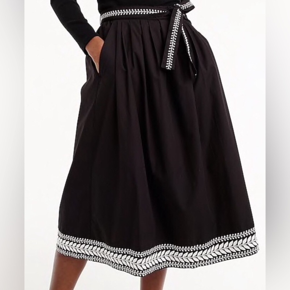 J. Crew Black and White Embroidered Midi Skirt with Tie Front